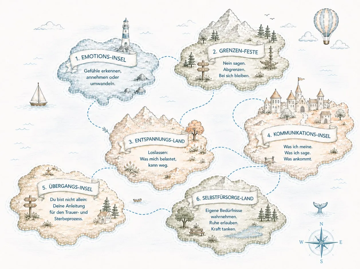 Gezeichnete Landkarte der Reise: sechs Inseln, durch eine gestrichelte Route verbunden — Emotions-Insel, Grenzen-Feste, Entspannungs-Land, Kommunikations-Insel, Übergangs-Insel und Selbstfürsorge-Land. Dazwischen ein Segelboot, ein Heißluftballon und ein Kompass.